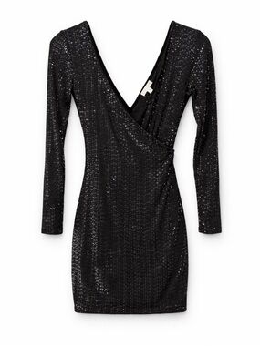 Leith Black Sequin Long Sleeve Faux Wrap Mini Dress XS